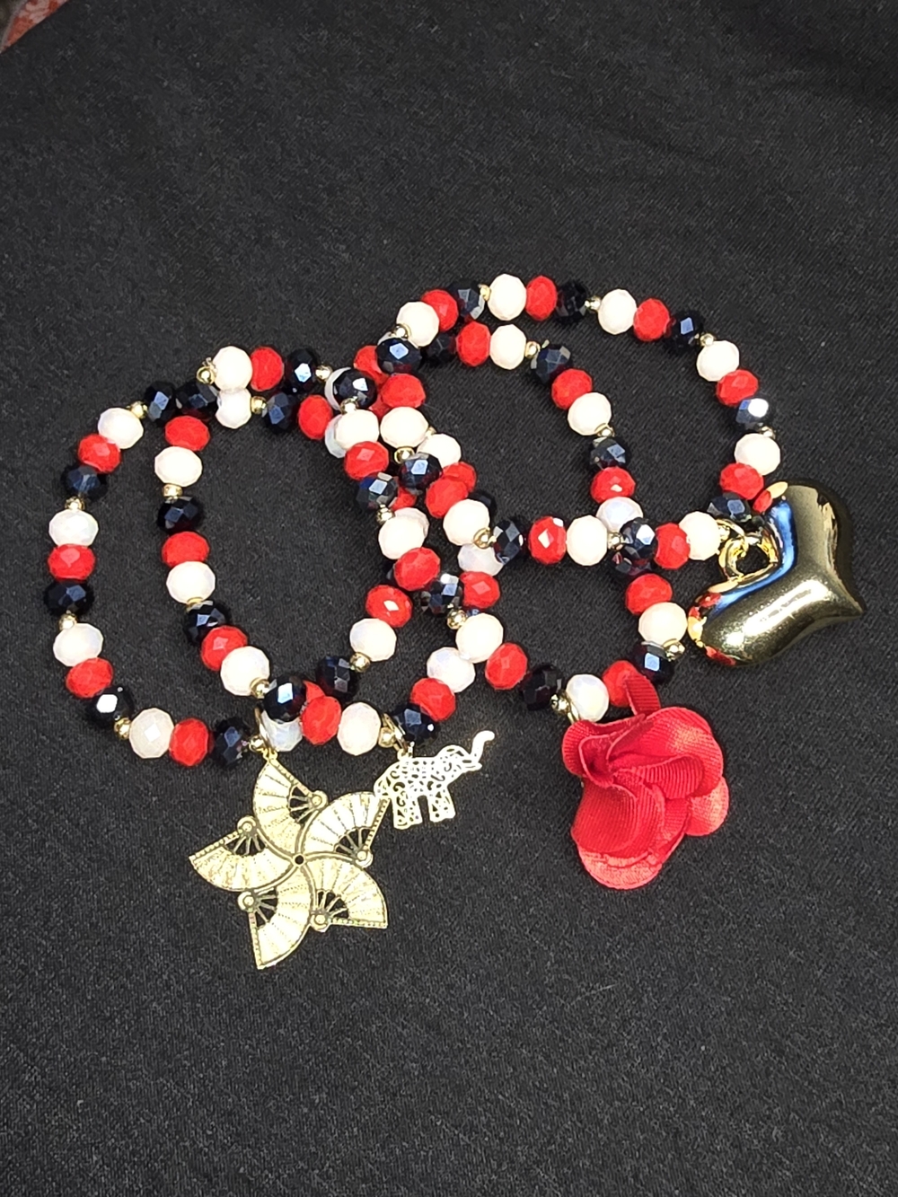 Four-Piece Red, Black & White Beaded Bracelet Set With Charms